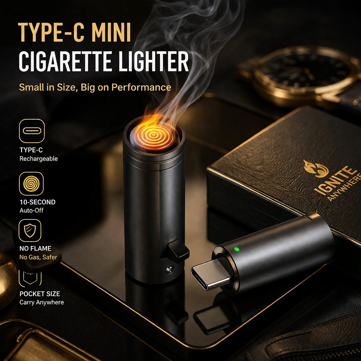 EliteCharge™ Type-C Mini Flameless Lighter – Windproof, Rechargeable & Pocket-Sized USB C Lighter India – Type C Cigarette Lighter, Rechargeable Electric USB Lighter Keychain, Portable Mobile Connect